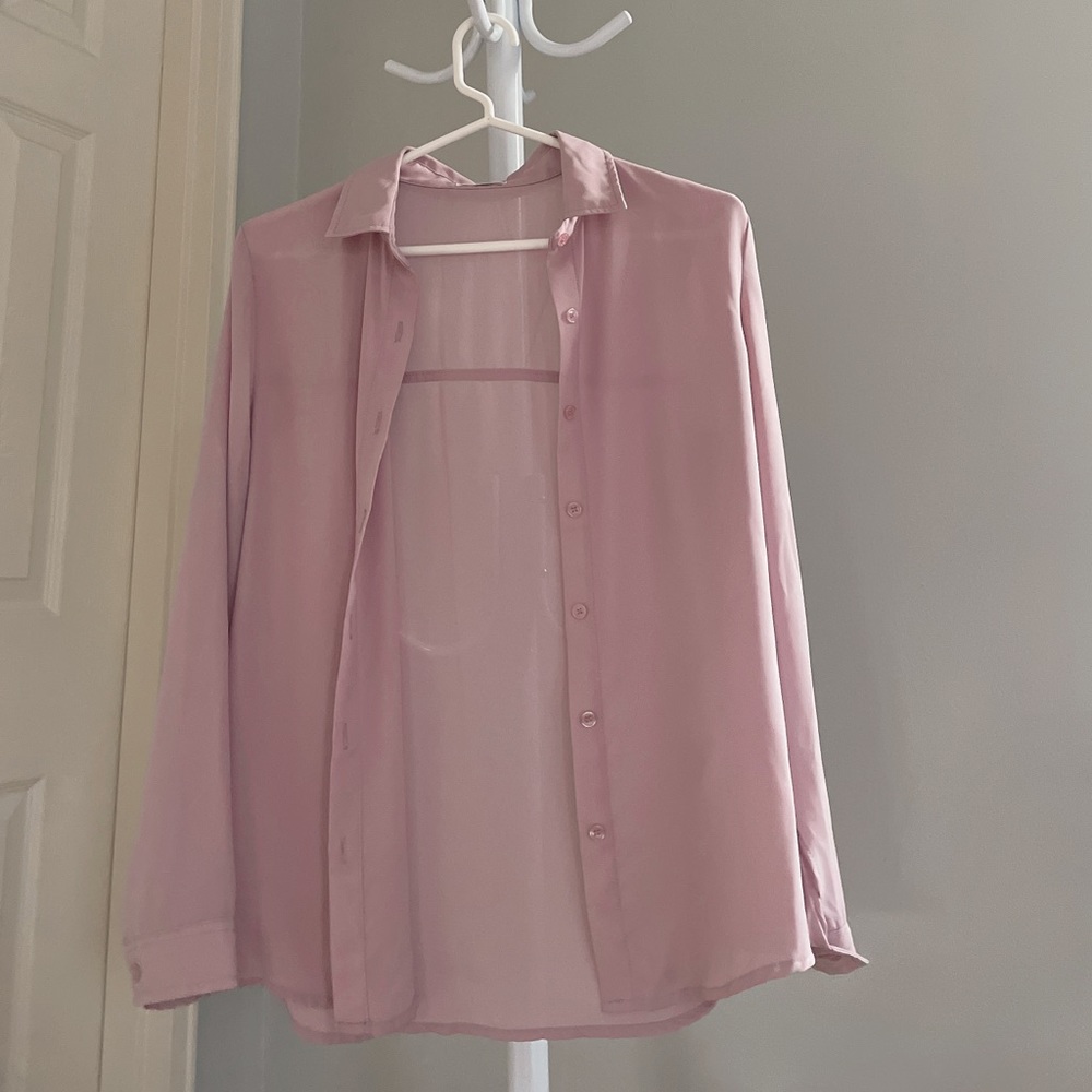 Pink Long Sleeve Button Down Chiffon Shirt With Collar Office Wear
